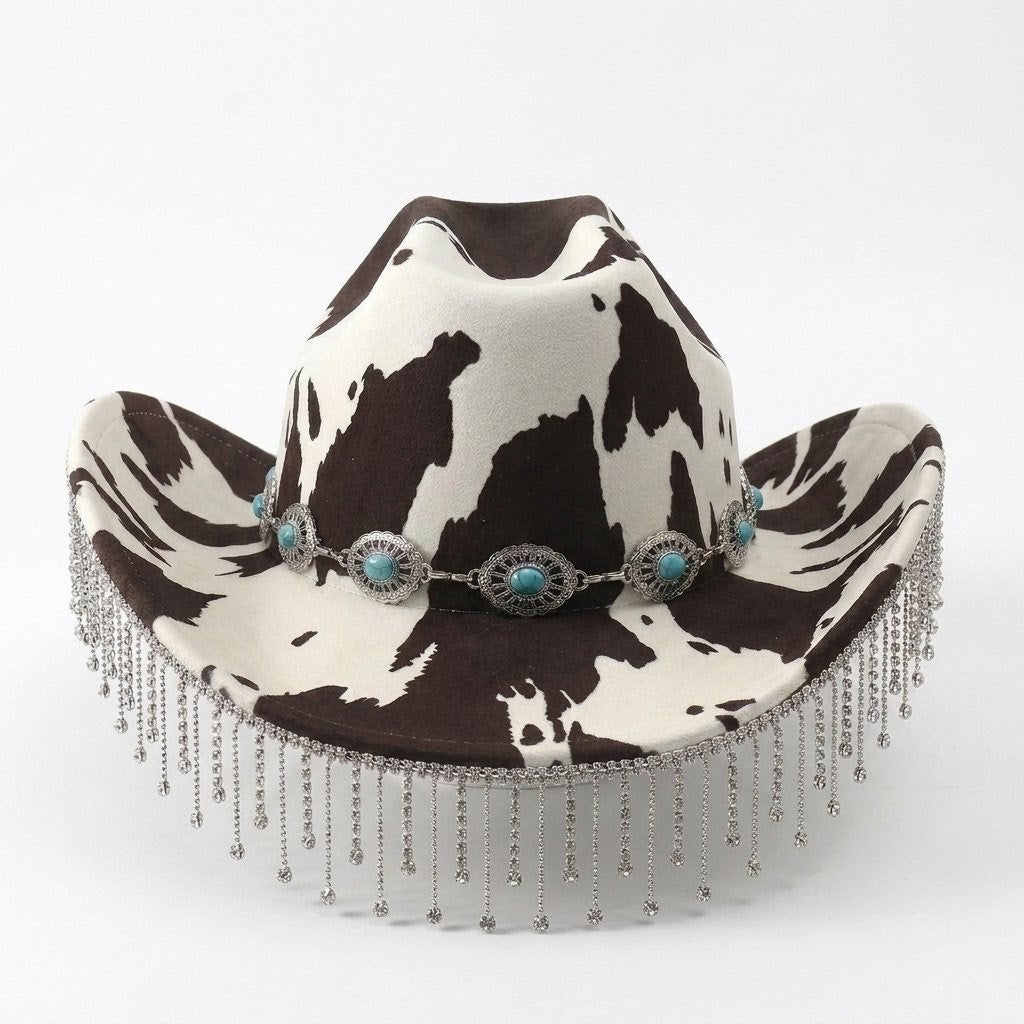 Rhinestone Cowhide Fringe Cowboy Hat